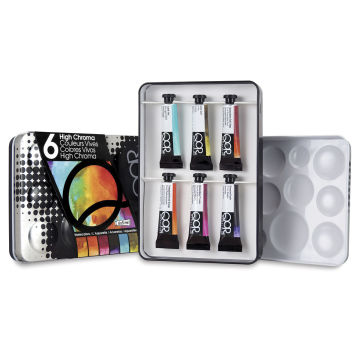 QoR Modern Watercolors - High Chroma Set of 6. Tubes in open tin, lid and palette to the sides.  