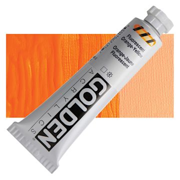 Open in modal - Golden Heavy Body Artist Acrylic - Fluorescent Orange Yellow, 2 oz Tube and swatch