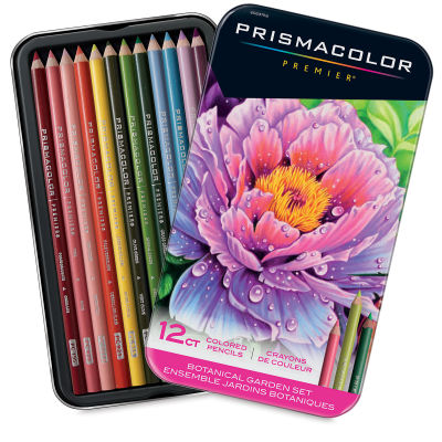 Prismacolor Premier Colored Pencils - Set of 12, Botanical Colors. Package front and inner tray. 