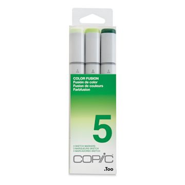 Open in modal - Copic Sketch Markers, Set of 3. Color Fusion 5. Front of package, light to dark green colors.