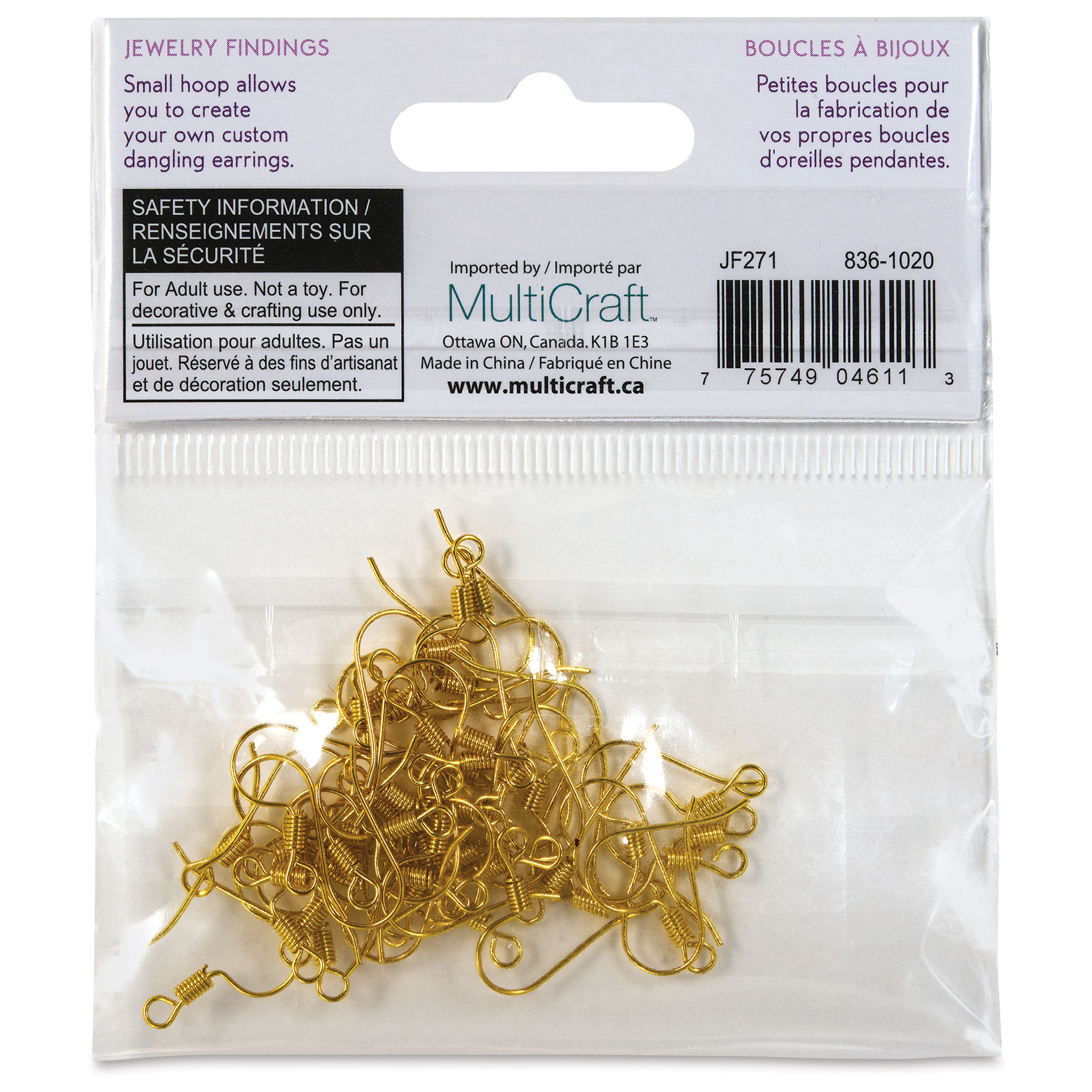 Craft Medley Fish Hook Earring Wires - Gold, 19 mm, Pkg of 45