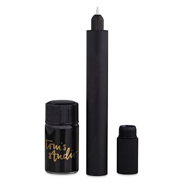 Open in modal - Tom's Studio Lumos Mini Refillable Pen - Matte Black, ink bottle and marker pen with cap off