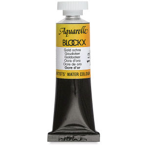 Blockx Artists' Watercolor - Front of Gold Ochre 15 ml Tube shown upright
