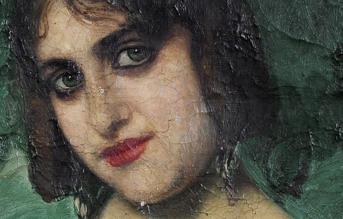 Portrait of the Actress Luisa Puchol, 1917, by José Pinazo Martínez (Detail, showing sunken and shiny passages)