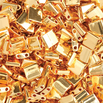 John Bead Miyuki Tila Beads - Gold, Opaque, 5 mm x 5 mm (Close-up of beads)