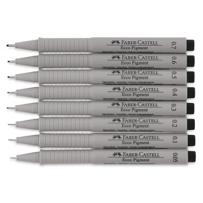 Faber-Castell Ecco Pigment Pens Set - Components of 8 pc set shown horizontally and without caps