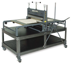 Conrad Multimedia Press - Assembled press on optional stand with casters angled to show handle