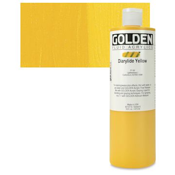 Open in modal - Golden Fluid Acrylic - Diarylide Yellow, 16 oz bottle and swatch
