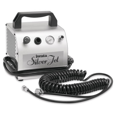 Iwata Silver Jet Studio Compressor - Angled view with hoses
