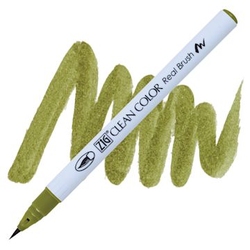 Open in modal - Kuretake Zig Clean Color Real Brush Pen - Olive Green pen and swatch