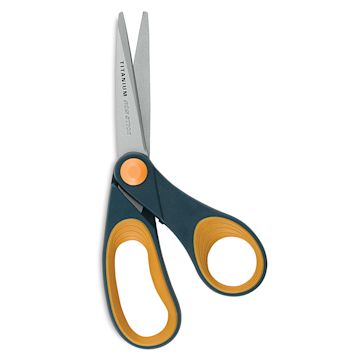 Open in modal - Non-Stick Titanium Bonded Scissors - 8" Gray/Yellow Bent scissors shown upright and slightly open