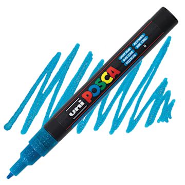 Open in modal - Posca Paint Marker - Glitter Blue, Fine, Bullet Tip, 0.9 mm - 1.3 mm - marker and swatch