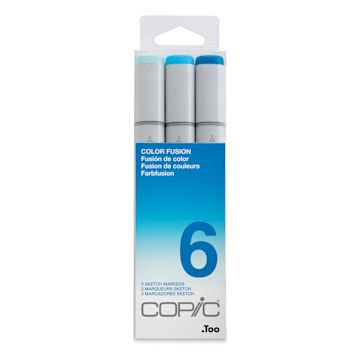 Open in modal - Copic Sketch Markers, Set of 3. Color Fusion 6. Front of package, light to dark blue colors.