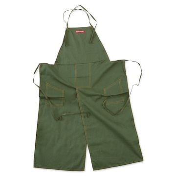 Open in modal - Echo Ceramics Claypron - Top view of Olive Green apron showing leg split and ties
