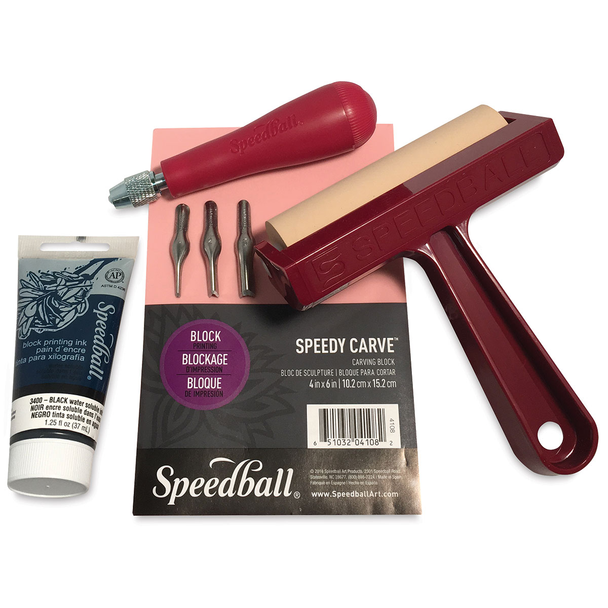  Speedball Block Printing Fabric Starter Kit, 7 Pieces –  Includes Ink, Hard Brayer, Lino Handle and Cutters, Speedy-Carve Relief  Carving Rubber