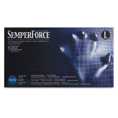 SemperForce Black Nitrile Gloves - Front of package of Large size gloves shown