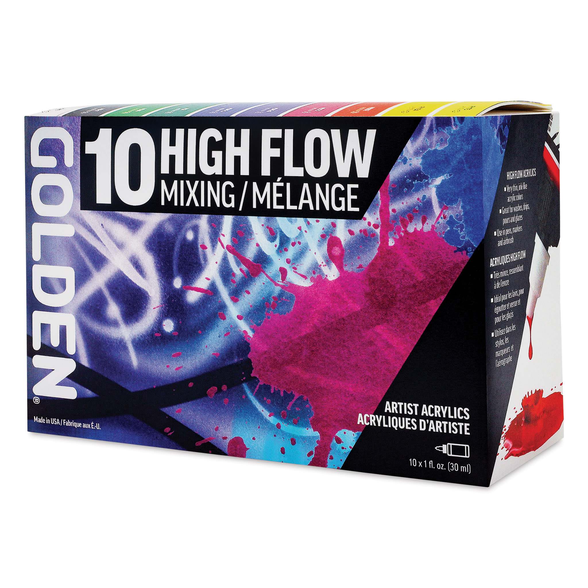 Golden High Flow Acrylics - Mixing Set of 10, 30 ml Bottles (front of packaging)