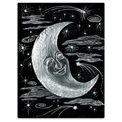 Scratch-Art Colored Papers - Black paper scratched to show underlying silver in moon design 