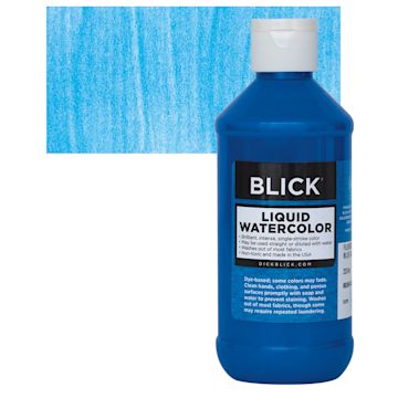 Open in modal - Blick Liquid Watercolor - Fluorescent Blue, 8 oz bottle and swatch