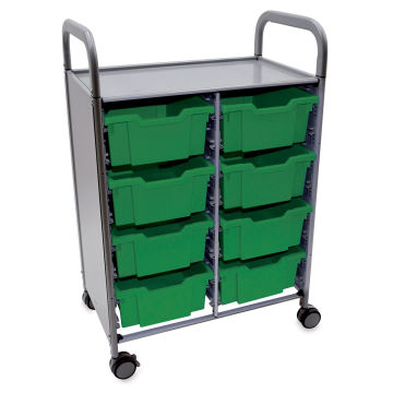 Gratnells Callero Storage Cart - Angled view of Green Cart with 8 Deep Trays
