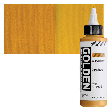 Golden High Flow Acrylics - Yellow Ochre, 4 oz bottle with swatch