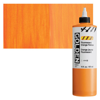 Golden High Flow Acrylics - Fluorescent Orange-Yellow, 16 oz bottle with swatch