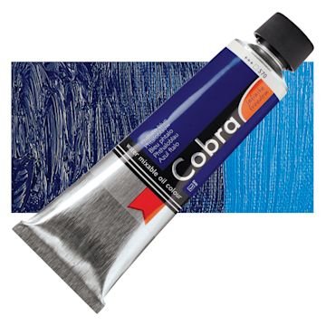 Open in modal - Royal Talens Cobra Water Mixable Oil Paint - Phthalo Blue, 150 ml tube and swatch