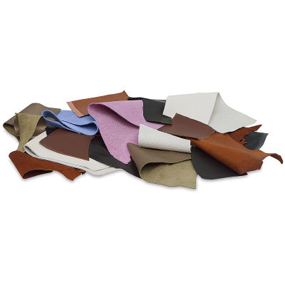 Realeather Premium Leather Remnants - Components of 1 lb bag of various types and colors of leather scraps