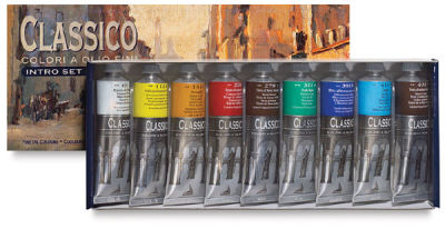 Maimeri Classico Oil Paint Sets - 9 60 ml Tube Intro Set shown in package with lid adjacent