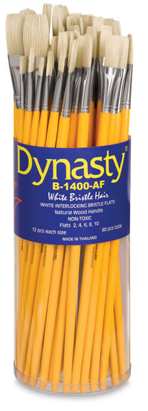 Dynasty Natural White Bristle Assortments - Front of canister of 60 assorted Flat brushes