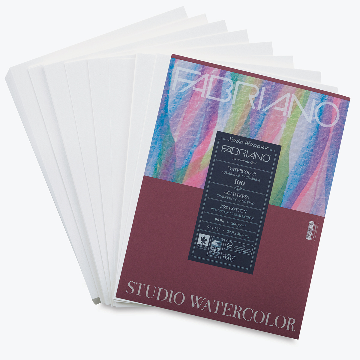 Fabriano Studio Watercolor Paper, 90 lb. (200gsm), 9'' x 12'' - Cold Press  (single sheet) - MICA Store