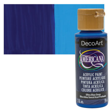 DecoArt Americana Acrylic Paint - Ultramarine Blue Deep (Transparent), 2 oz, Swatch with bottle