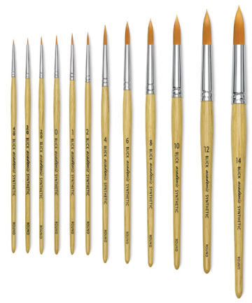 Blick Academic Synthetic Golden Taklon Brushes - 12 Round brushes shown vertically
