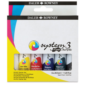 Daler-Rowney System3 Fluid Acrylics - Set of 6, 29.5 ml (Front of package)