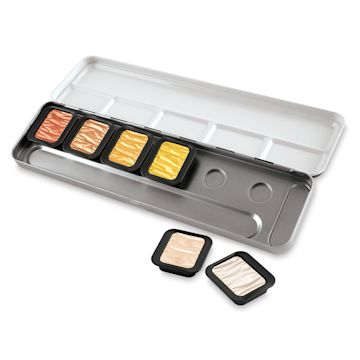 Open in modal - Finetec Artist Mica Watercolor - Bronze, Gold, & Silver Set of 6. In package, two pans out of package.