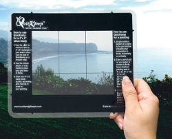 QuicKomp Artist's Drawing Tool - Artist holding Drawing Tool in front of ocean landscape scene
