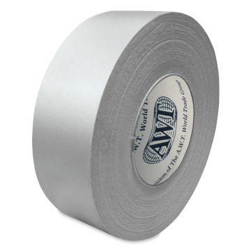 AWT Solvent and Water Resistant White Cloth Tape - Upright roll at angle
