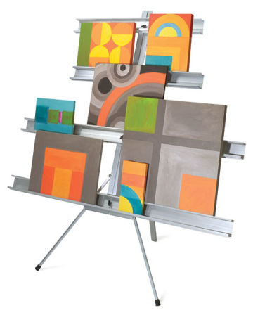 Testrite DW-1 Display Wall - Angled view loaded with paintings