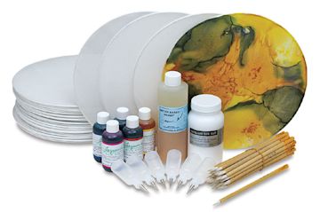 Open in modal - Jacquard Silk Hoop Painting - Components of Class Pack shown with accessories and 1 hoop painted
