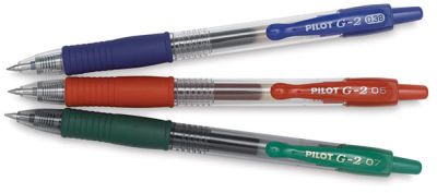 Pilot G2 Gel Pens - Blue, Red, and Green Pen shown horizontally and uncapped