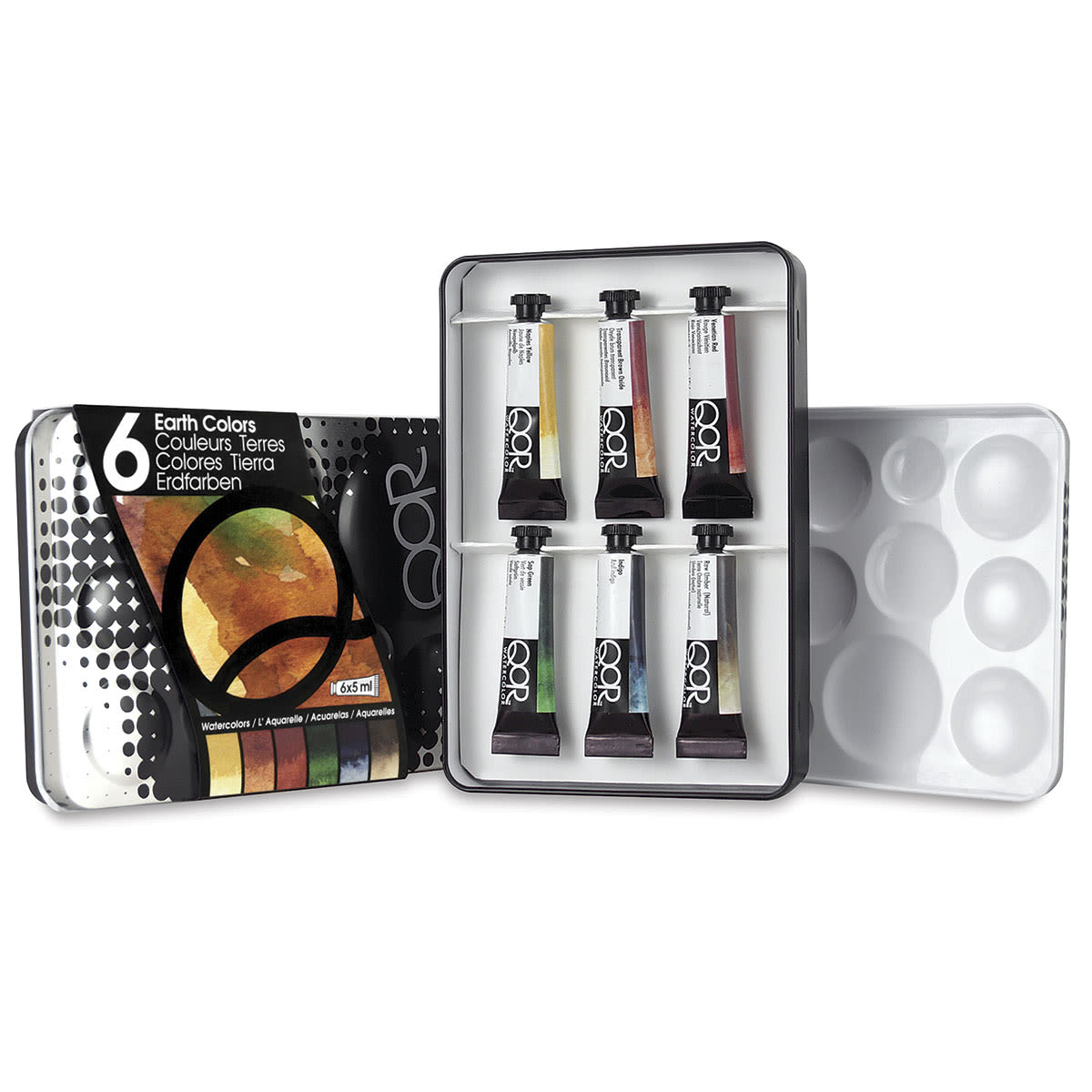 QoR Modern Watercolors - Earth Colors Set of 6. Tubes in open tin, lid and palette to the sides.  