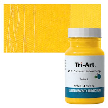 Open in modal - Tri-Art High Viscosity Artist Acrylic - Cadmium Yellow Deep, 120 ml jar and swatch