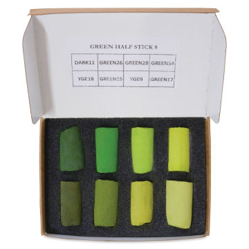 Unison Handmade Pastel Set - Green Colors, Set of 8, Half Stick (top-view of contents)