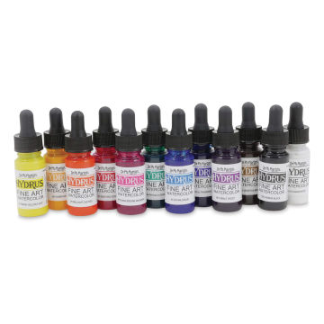 Dr. Ph. Martin's Hydrus Liquid Watercolors - Set 1, 12 Assorted colors, 0.5 oz Bottles shown