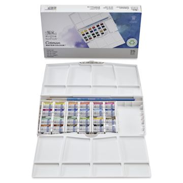 Open in modal - Winsor & Newton Cotman Watercolors - Travel Set of 24, Assorted Colors, Half Pans, contents with packaging