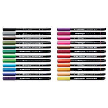 Open in modal - Kingart Twin-Tip Brush Pen Set - Set of 24, markers laid out with caps on 