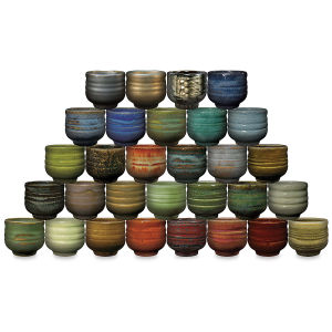 Amaco Potter's Choice Glazes - Five tier pyramid of 30 pots fired with assorted glaze colors. 