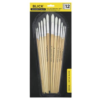 Blick Essential White Nylon Value Brush Sets - 12 Round, Assorted, Long Handle. Front of package.