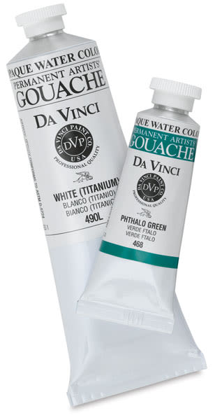 Da Vinci Professional Gouache - Large Titanium White and Small Phthalo Green tubes upright
