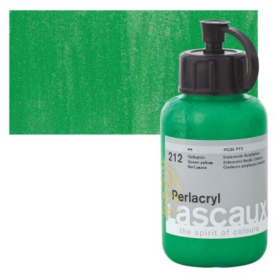Lascaux Perlacryl Iridescent Acrylics - Green Yellow, 85 ml bottle with swatch